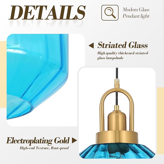 9in Mid Century Modern Blue Glass Pendant Light Fixture, Small Gold Kitchen Island Pendants Light Glass Ceiling Hanging Lamp for Foyer Dining Room Bedroom Entryway Hallway Over Sink