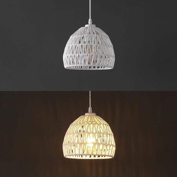 JONATHAN Y 8.25" White Modern Bohemian Woven Rope LED Pendant Light Fixture, Adjustable Dome Ceiling Lamp for Kitchen Island, Rope Shade, Coastal Farmhouse Decor (JYL6512A)