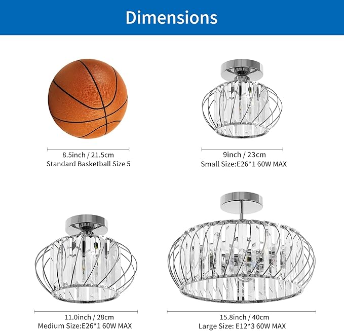 ANWIO 15.8inch Crystal Semi Flush Mount Ceiling Light Fixtures, 3-Light Silver Chandelier Bedroom Ceiling Light Fixtures, Living Room Light Fixture for Kitchen Hallway Bathroom Dining Room, E12