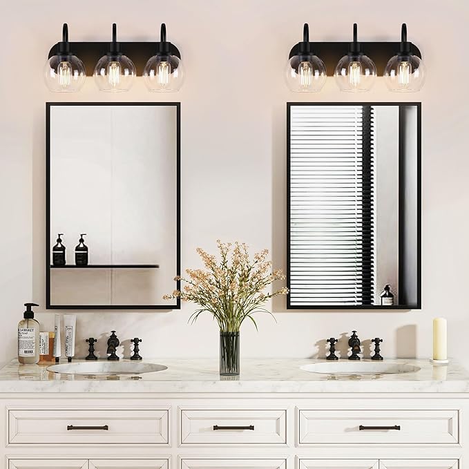 Dpyrrhic Bathroom Vanity Light,Modern 3-Light Bathroom Lighting Fixtures Over Mirror with Clear Glass Shade and Metal Base,Matte Black Bathroom Lighting