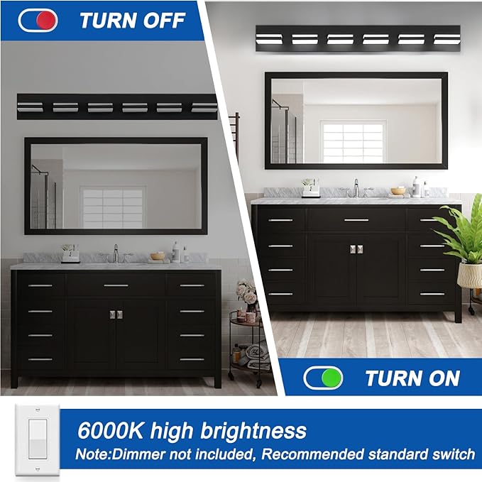 IZORRO LED Modern Bathroom Lights Fixtures(6-Light,Dimmable,360°Rotate),Matte Black Acrylic Wall Lighting,Vanity Lights for Bathroom Over Mirror - 6000k 36In （No Assembly Required）
