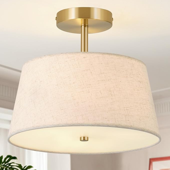 12.6" Gold Semi Flush Mount Ceiling Light Fixture, Modern Close to Ceiling Light with Fabric Lamp Shade for Bedroom Hallway Nursery Living Room Kitchen Island(T-Shape Gold)