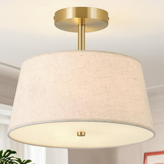 12.6" Gold Semi Flush Mount Ceiling Light Fixture, Modern Close to Ceiling Light with Fabric Lamp Shade for Bedroom Hallway Nursery Living Room Kitchen Island(T-Shape Gold)