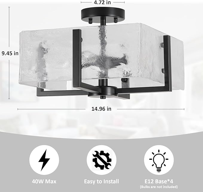 Black Semi Flush Mount Ceiling Light 4-Light Glass Light Fixtures Ceiling Mount,14.96" Modern Farmhouse Light Fixture for Foyer, Hallway, Entryway, Dining Room, Kitchen, Bedroom, Porch