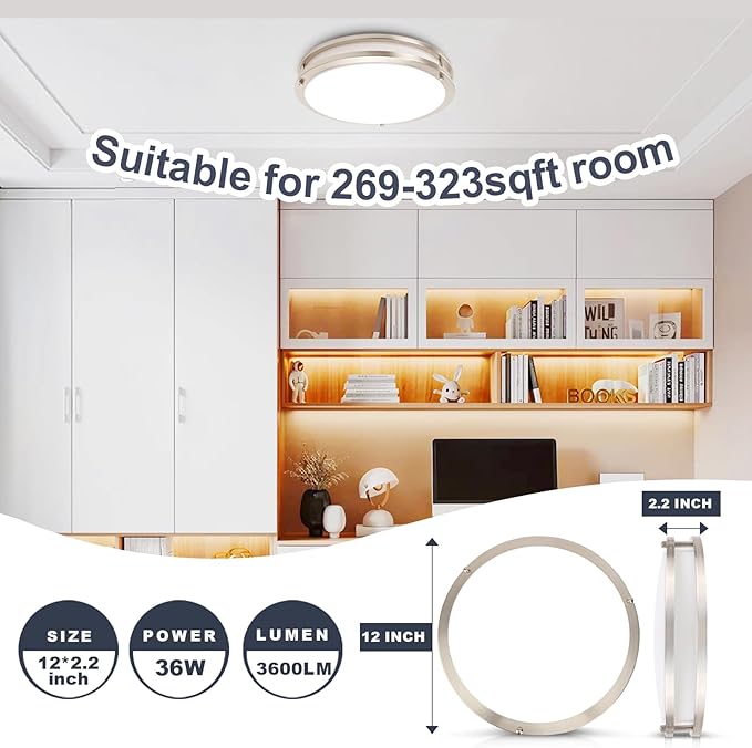 OOWOLF 36W Flush Mount Ceiling Light Fixture, Dimmable & 5CCT Ceiling Light, 3000K 3500K 4000K 5000K 6000K Warm White/Daylight/Cold White Adjustable Ceiling Lamps Brushed Nickel, 12Inch