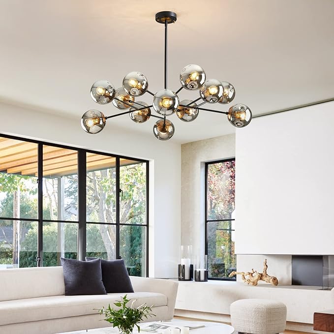 DDLLDESHI Modern Black Chandelier Sputnik Ceiling Light Fixture with 12 Globe Glass Shade Chandeliers for Dining Room Farmhouse Kitchen Living Room Bedroom Office（34" Large Chandelier）