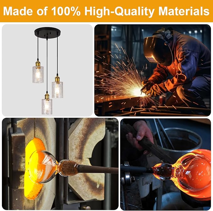 Modern Pendant Lights Kitchen Island, 3-Light Black and Gold Pendant Light Fixtures with Clear Hammered Glass Shade, Industrial Hanging Pendant Lights Fixture for Kitchen Island Dining Room Entryway