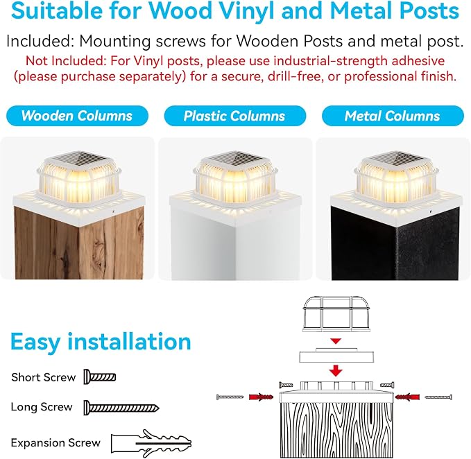 Solar Post Light 8 Packs with 4x4, 5x5 and 6x6 Inches Base for Vinyl/Wooden Posts, Bright 16 LEDs Solar Cap Lights with Two Light Modes for Decorating Deck, Patio, Porch, Fence (White)