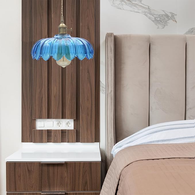 Blue Glass Pendant Light Fixtures Medium 9.8 Inches Lampshade Gold Brass Finish and Switch Vintage Pendant Ceiling Lamp Copper Pendant Lighting (Blue)