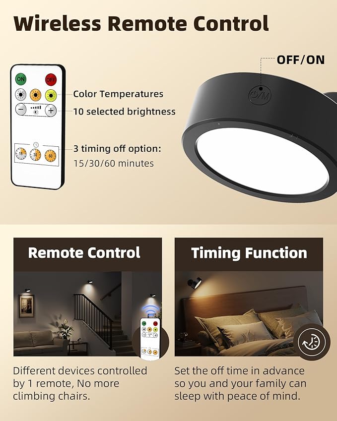 EZVALO LED Wall Mounted Lights, 3000mAh Rechargeable Wall Light Wall Sconces Lamp, 3 Color Temps & Remote and Touch Control, 360°Rotation Dimmable Cordless for Bedroom Reading Study Bedside (Black)