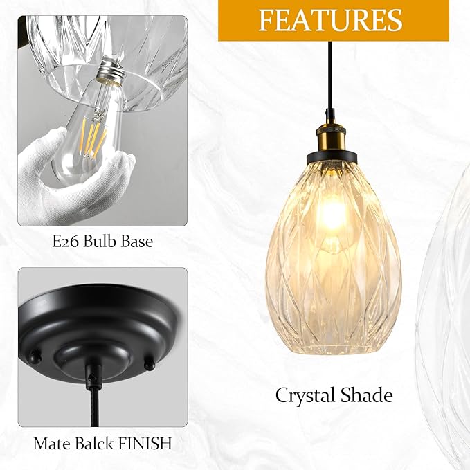 Glass Pendant Light Fixture Kitchen Island Modern Adjustable Chandelier Farmhouse Ceiling Hanging Light for Hallway Porch Kitchen Bedroom Coffee Shop Dining Room Island