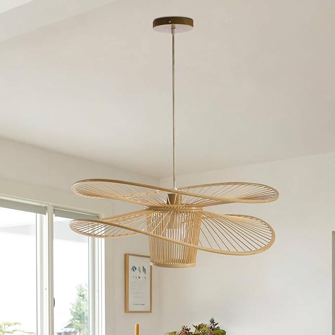 Handmade Bamboo Pendant Light, 3-Tier Boho Woven Chandelier, Modern Ceiling Lamp for Dining Room, Kitchen, Farmhouse Bedroom, E26 Base