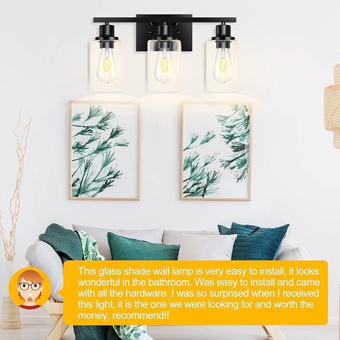 3-Light Vanity Light, Matte Black Bathroom Lighting Fixtures Over Mirror, Modern Metal Wall Lights for Hallway Kitchen Bedroom Living Room