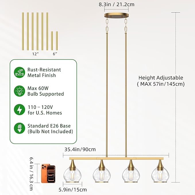 Kitchen Island Linear Pendant Light, 4-Light Gold Dining Room Chandelier with Clear Glass Globe Shades, Modern Linear Lighting Fixture Over Table