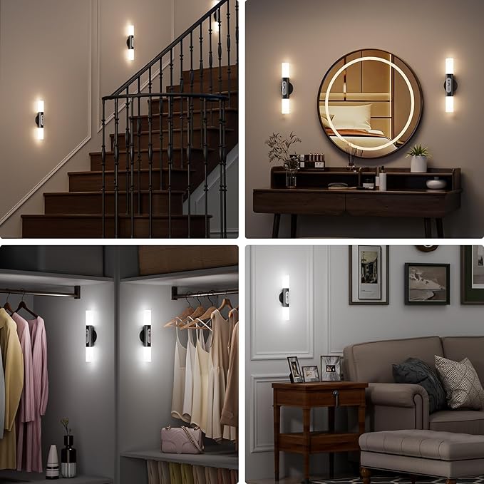 Hensam Motion Sensor Wall Lights with Remote Control, LED Rechargeable Battery Operated Wall Sconces Set of Two for Bedroom, Wireless Night Light for Indoor Stairway, Hallway, Black