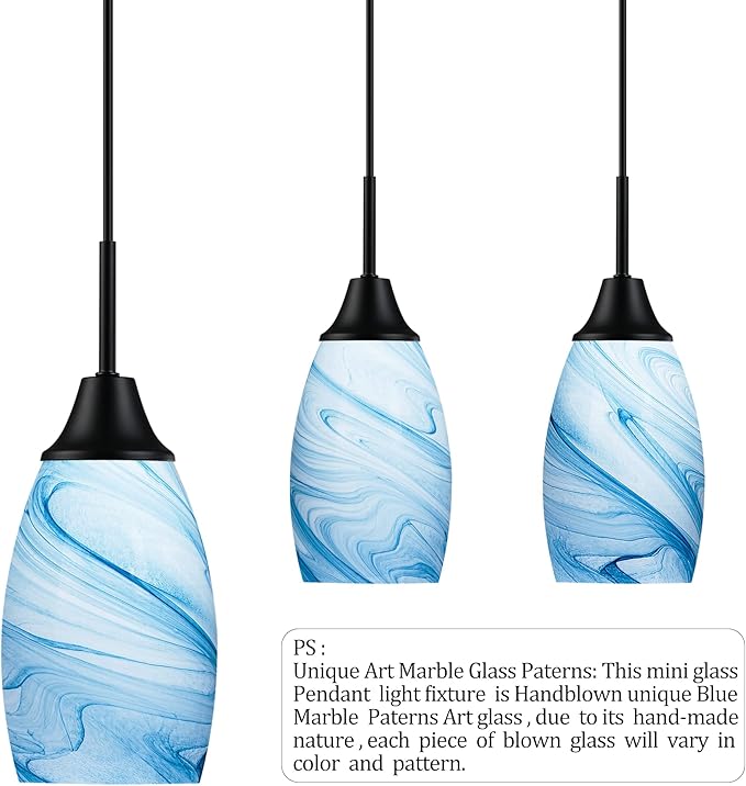 Viinew Mini Glass Pendant Light 4.72" with Handblown Blue Marble Art Glass Hanging Light 1-Pack Oval Ceiling Hanging Light Fixture for Dining Room Kitchen Island Cafe Foyer Hallway