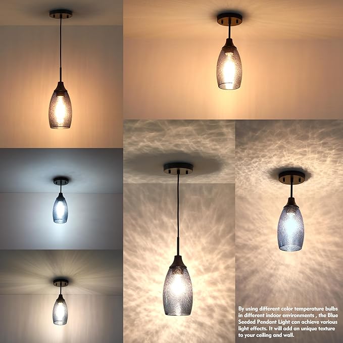 Viinew Mini Glass Pendant Light,4.72" Dark Blue Glass Hanging Light 3-Pack Handblown Clear Blue Seeded Shade Adjustable Cord Ceiling Light Fixture for Kitchen Island Sink