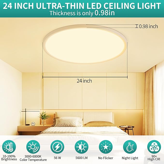 24 Inch LED Flush Mount Ceiling Light,56W Ultra-Thin Modern Round Light Fixture with Remote,Dimmable 3000K-6000K,White,5600LM,Memory & Night Light Mode for Bedroom, Kitchen,Living Room