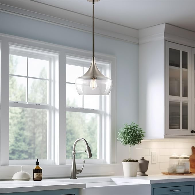 Kira Home Ava 13" Modern Industrial Schoolhouse Pendant Light with Clear Wine Glass Style Shade, Adjustable Hanging Height, Brushed Nickel Finish