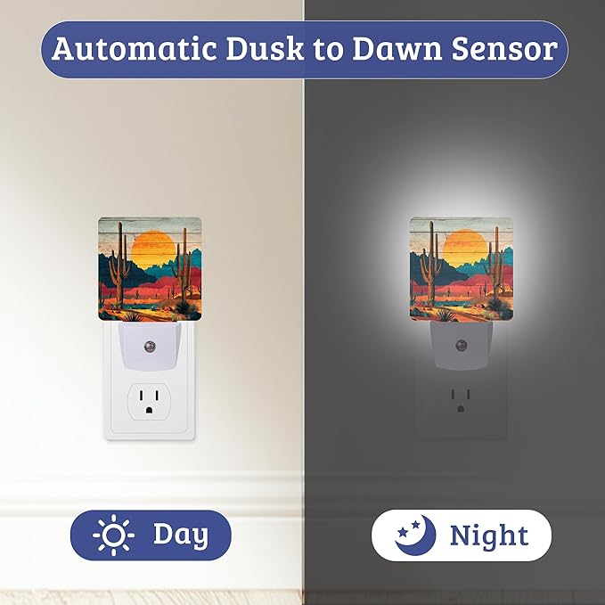 Sunset Desert Cactus Night Light with Dusk to Dawn Light Sensors, Plug-in Wall Led Night Lights, Energy Efficient Lamp for Bedroom,Bathroom,Kitchen,Hallway,Stairs, Gifts Ideal for Girls Women