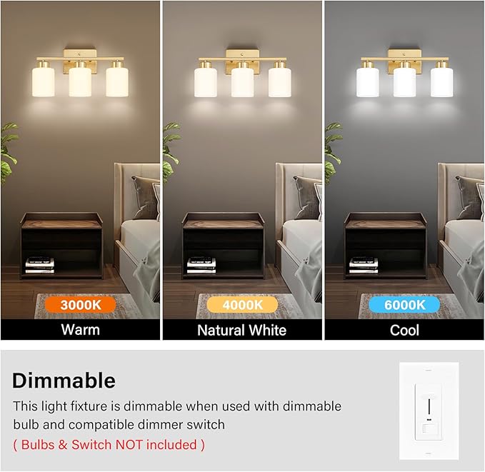 FonmYim Gold Bathroom Light Fixtures, 3-Light Modern Vanity Light Over Mirror, Wall Sconces with Milky White Frosted Glass Shades, E26 Socket (Bulbs Not Included)