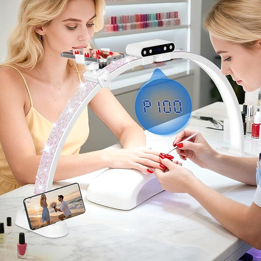KIRKAS 29in Half Moon Light for Nail Desk with Phone Holder, Nail Desk Lamp Adjustable Color Brightness, Arch Nail Tech Light with Display Screen for Manicure, Craft, Esthetician (Diamond,White Large)