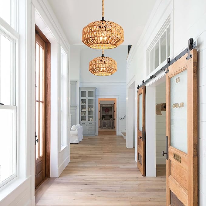 2 Pack Plug in Pendant Light Rattan Hanging Lamp with Switch,Mini Rattan Boho Semi Flush Mount Ceiling Light,Hand Woven Hallway Light Fixtures for Bedroom Entryway
