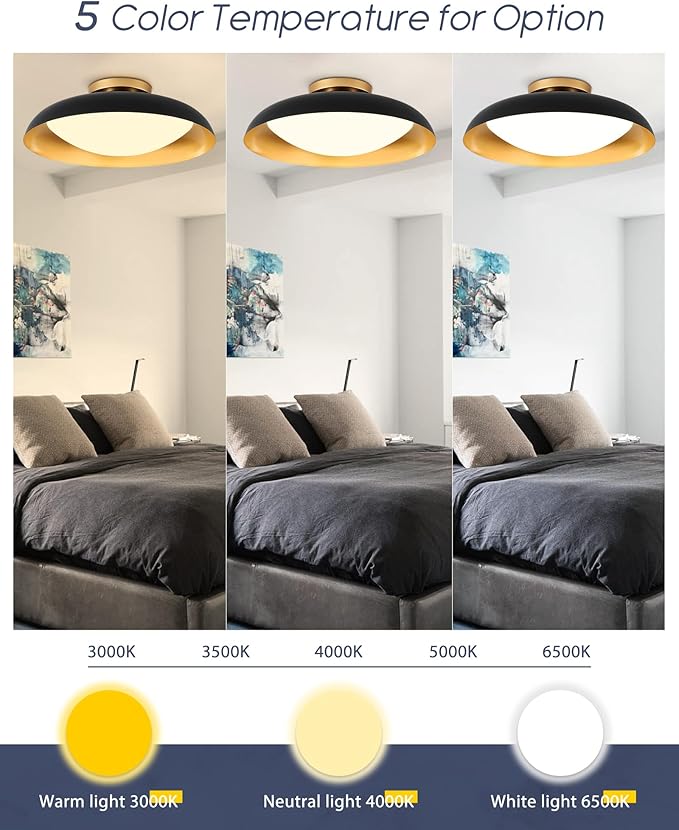 kudos Flush Mount Ceiling Light, 21inch LED Ceiling Light Fixture, Black and Gold Finish, 44W 2500lm Modern Hanging Light Fixtures for Living Room, Bedroom, Hallway, 5CCT Adjustable, KDCL02-BK-L