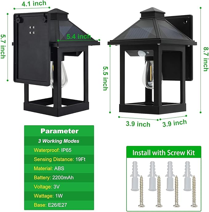 CYHKEE 2 Pack Solar Wall Lanterns Outdoor with 3 Modes, Dusk to Dawn Motion Sensor LED Sconce Lights IP65 Waterproof, Exterior Front Porch Security Lamps Wall Mount Patio Fence Garage Decorative