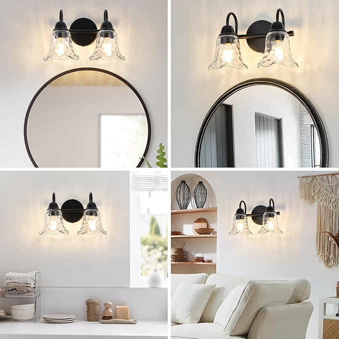 Bathroom Light Fixtures over Mirror, 2 Lights Vintage Wall Sconces with Hammered Glass Shade, 12.6" Matte Black Farmhouse Bathroom Wall Light Fixtures for Bedroom, Porch, Hotel, Mirror Cabinet