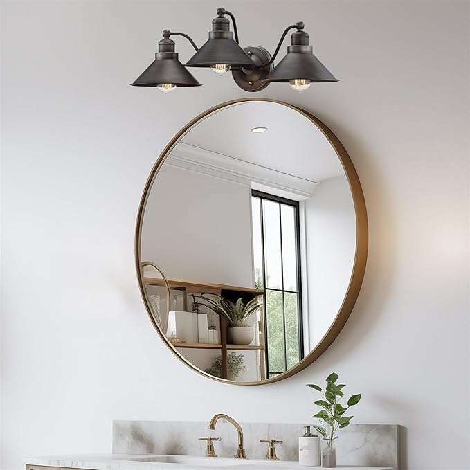 Kira Home Welton 25.5" 3-Light Modern Farmhouse Vanity Light with Funnel Shades, Industrial Dark Bronze Wall Sconce Bathroom Light, Brushed Dark Bronze Finish