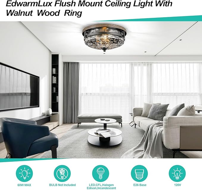 Edwarmlux Flush Mount Ceiling Lights, 2-Light Farmhouse Close to Ceiling Light, Industrial Ceiling Lighting Fixture for Kitchen Hallway Bedroom Living Room Stairways Porch (Water Ripple Glass)