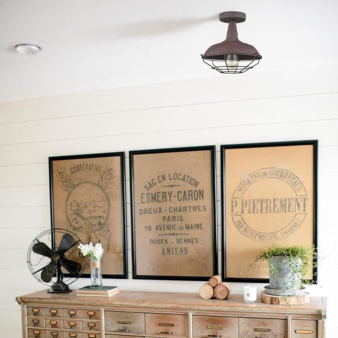 DAYCENT Rustic Semi Flush Mount Ceiling Light Barn Style Light Fixture Farmhouse Metal Cage Ceiling Light 1-Light Industrial Wire Caged Flush Mount Barn Light Rust Finish for Hallway Foyer Kitchen