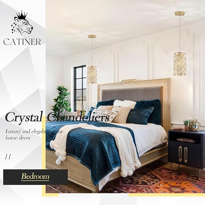 CATINER 1-Light Gold Crystal Pendant Light, Mini Ceiling Hanging Light Fixture with K9 Prisms for Kitchen Island, Bathroom, Bedroom, or Bar