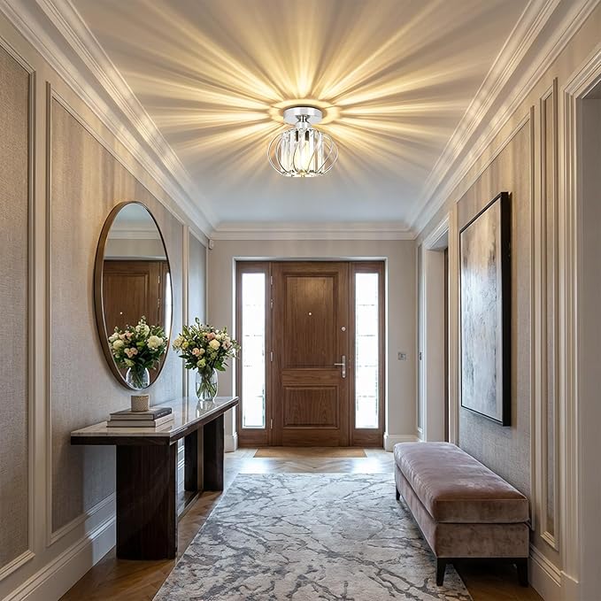 FRIDEKO HOME Crystal Ceiling Light Fixture - Crystal Chandelier Small Semi Flush Mount Ceiling Light Modern Lights Ceiling Mount for Hallway Kitchen Entryway Bedroom Bathroom (2 Pack, 7.48 Inch)