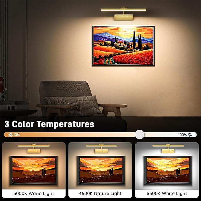 Racokky Picture Light, 15.35inch Picture Lights for Wall Rechargeable, Battery Wall Light Over Picture Frame, 3 Color Art Lighting for Paintings with Timer and Dimmable Artwork Display (Gold-2PCS)