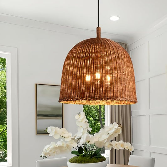 17" Farmhouse Rattan Chandelier 3-Lights Boho Wicker Pendant Lights Hand Woven Bamboo Dining Room Light Coastal Hanging Lighting Fixture for Living Room Kitchen Island Bedroom eRestaurant Foyer