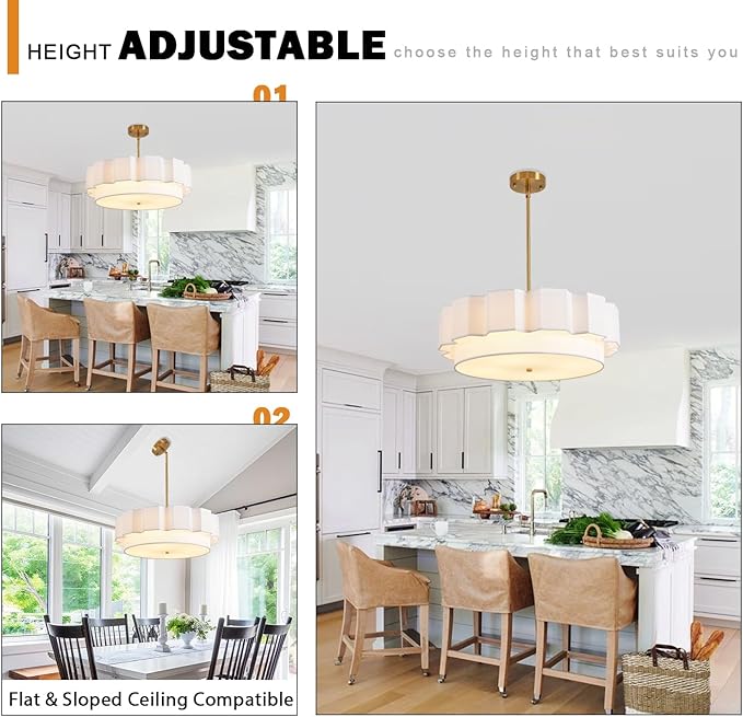 Boho Chandelier,22.05" Fabric Rattan Chandelier 4 Lights Coastal Pendant Light Adjustable Drum Large Pendant Lighting Fixtures for Dining Room