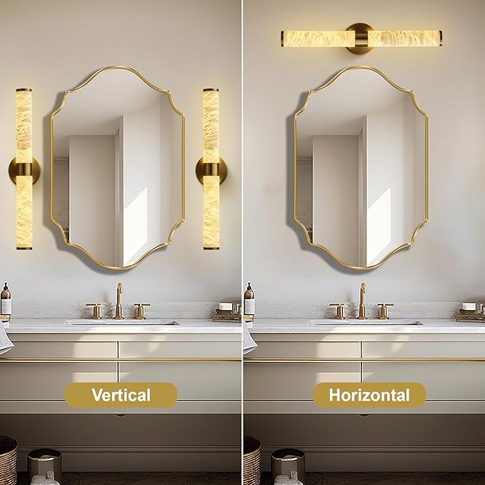 Alabaster Wall Sconces, 24" Brass Wall Sconce, Cylinder Natural Spanish Marble Sconces Wall Lighting, Modern Gold Dimmable Wall Lights for Living Room Bedroom Bathroom Stairs Hallway Entryway