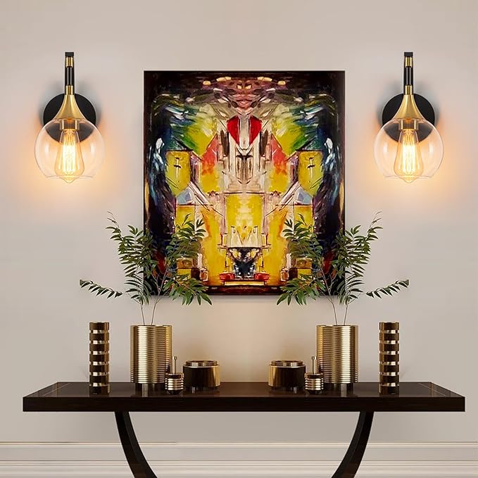 Modern Wall Sconce, Black and Gold Bathroom Vanity Lights with Clear Glass Shade, 1-Light Wall Light Fixture for Bathroom,Living Room, Hallway, Bedroom