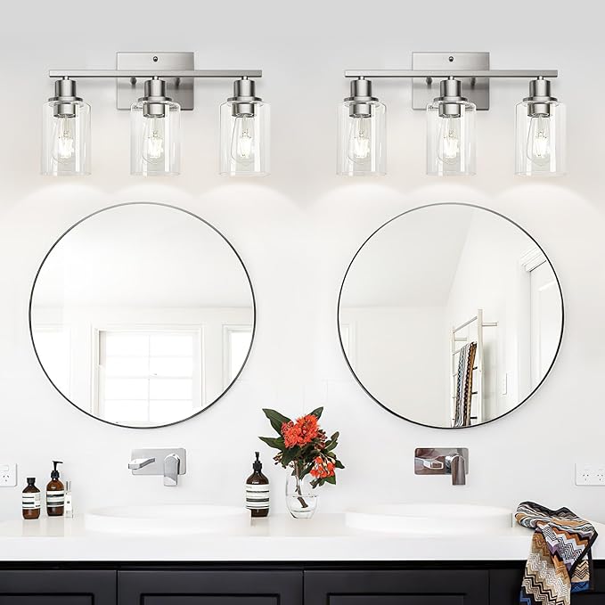 MOKATNG 3-Light Bathroom Light Fixtures, Vanity Light with Clear Glass Shades, Brushed Nickel Bathroom Light Fixtures Over Mirror, Modern Bathroom Wall Lamp for Mirror Living Room Cabinet Bedroom