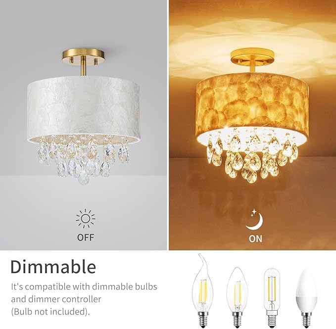 12inch 3-Light Capiz Shell Crystal Ceiling Light, Coastal Design Semi-Flushmount Drum Light Fixture for Hallway, Living Room, Bedroom, Clear Crystal & Shell Lampshade & Gold Finish Frame