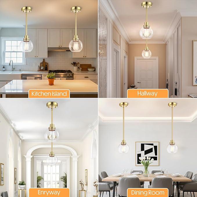 gernehop 2 Pack Globe Pendant Light Gold Mid Century Modern Light Fixture, Clear Glass Pendant Lights Kitchen Island Pendant Lights Brushed Brass Finished with Clear Glass Lampshade