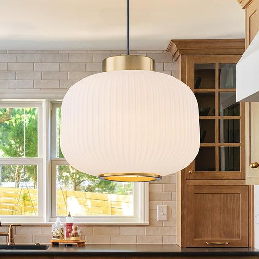 EDSILIVE White Glass Pendant Lights Kitchen Island 11.81" Antique Lantern White Glass Hanging Ceiling Light Fixture with Adjustable Wire for Dining Room Kitchen Table, Gold White