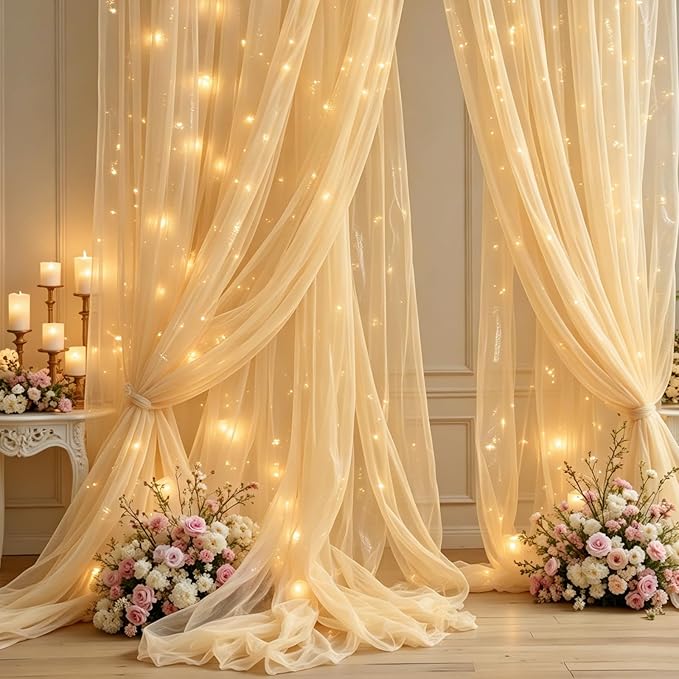Champagne Tulle Backdrop Curtains with Lights String for Parties - 20×10Ft Sheer Backdrop Curtains with Lights for Wedding, Baby Shower, Birthday Party, Photo Shoot Background Decoration