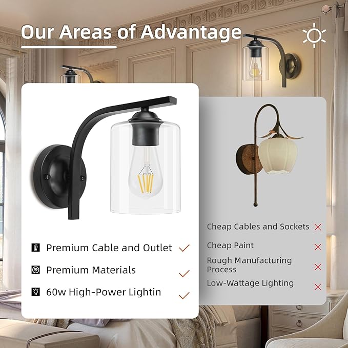 CANMEIJIA Wall Sconce 1 Light, Modern Wall Lighting Fixture, Bathroom Vanity Lights with Matte Black Wall Lamp for Bedroom Kitchen Hallway Porch, Clear Glass Shade, E26 Socket, Bulbs Not Included