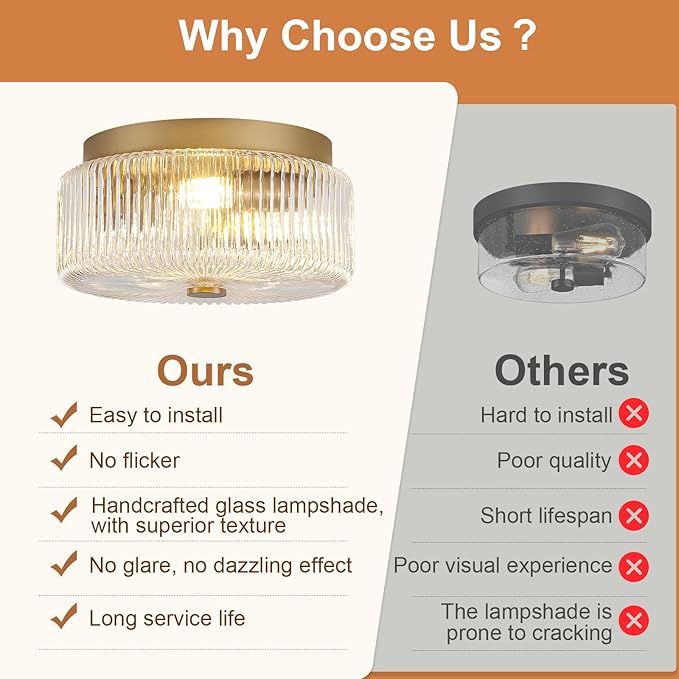 11.8 Inch Gold Flush Mount Ceiling Light, Mid-Century Modern Luxury 3-Light Close to Ceiling Light Fixture with Clear Striped Glass Shade, Elegant Lighting for Bedroom Hallway Kitchen Entryway Foyer