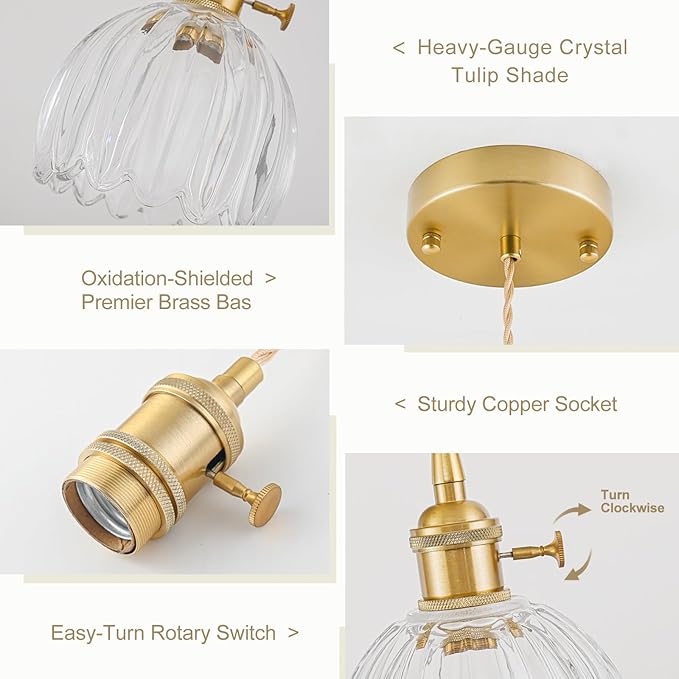 Mini Pendant Lights Kitchen island 3 Pack, Small Adjustable Pendant Light Fixture with Transparent Tulip Glass Lampshade, Vintage Gold Pendant Lighting, Pendant Light for Bedroom Dining Room Hallway