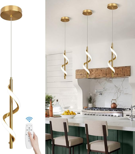 CANEOE Gold Modern Led Pendant Light,3000K-6000K Dimmbale Spiral Led Pendant Lamp, Adjustable Height Hanging Pendant Light Fixture for Dining Room Bedroom Kitchen Sink, 1 Pack