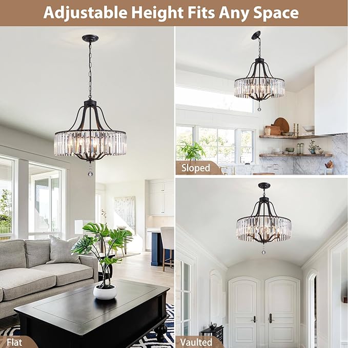 Modern Crystal Chandeliers Round 6-Light Large Black Pendant Lighting Fixture for Dining Room Living Room Kitchen Island Bedroom Hallway Hall Foyer 21.7" Adjustable Height Hanging Lamp